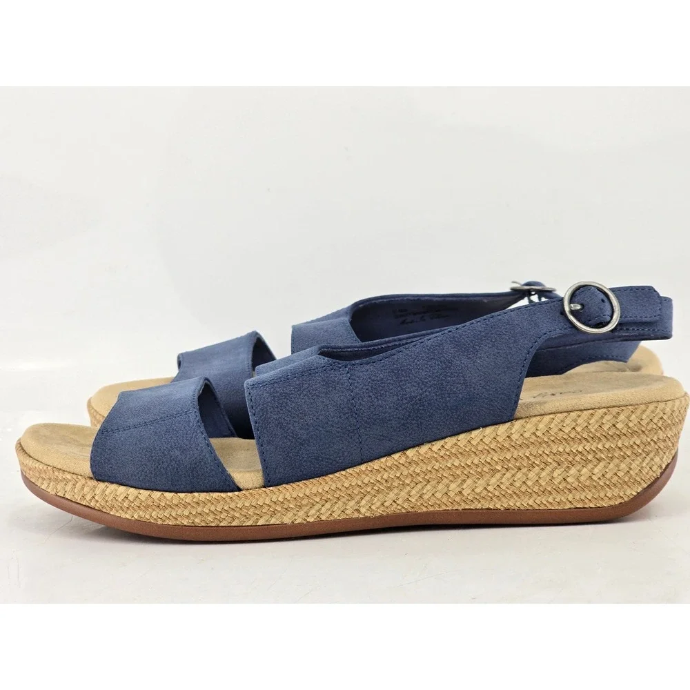 Easy Street Wedge Sandals Womens 10WW Blue Slingback Espadrille -Excellent